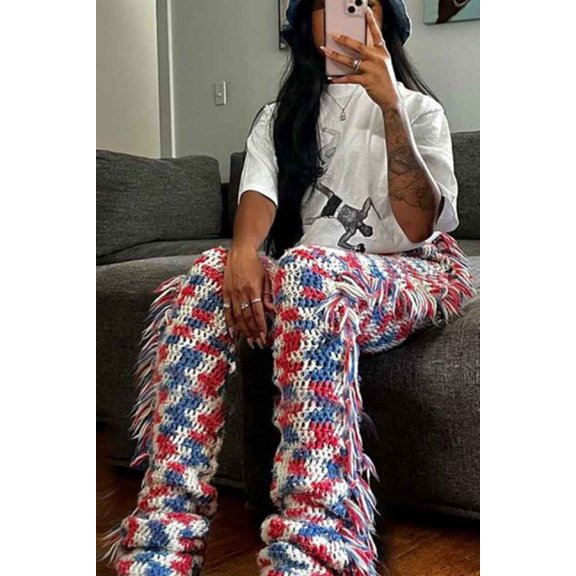 Multicolored High Waist Side Tassel Straight Leg Pants (S, MultiRed)