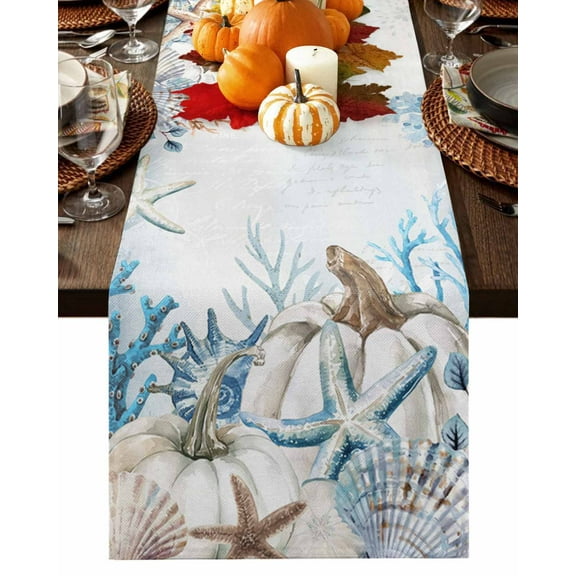 Table Runner Dresser Scarves 60 Inch Long,Watercolor Marine Starfish Shell Coral Linen Dining Table Runners Thanksgiving Fall Pumpkin Leaves Tabletop Scarf for Wedding Holiday Party Kitchen