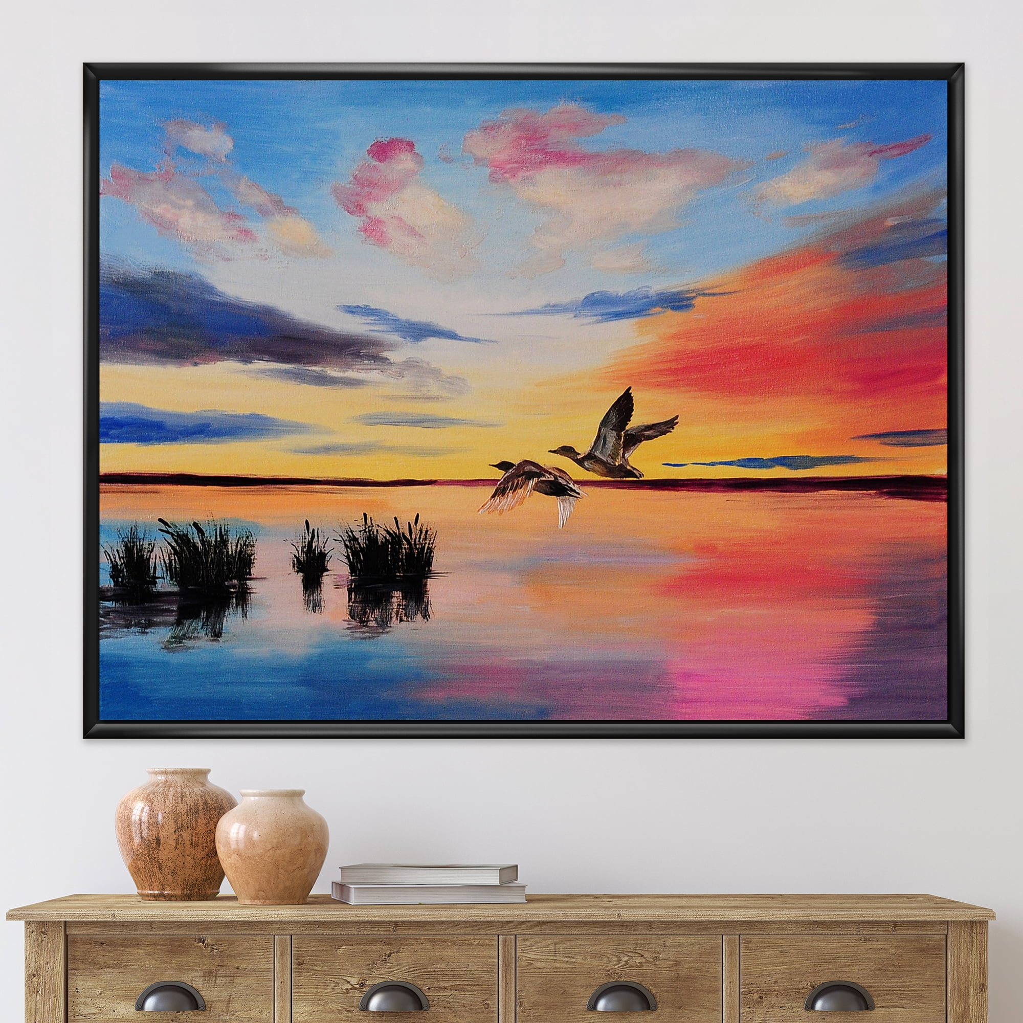 Designart 'Crane Birds Flying During Colorful Sunset' Nautical & Coastal Framed Canvas Wall Art Print