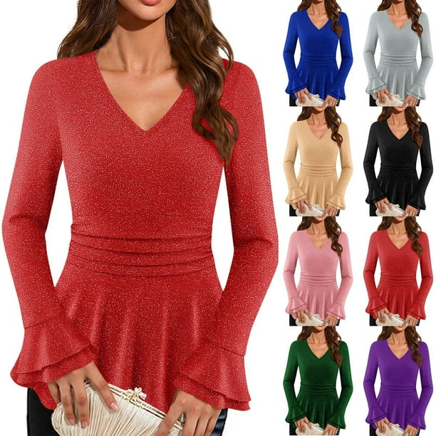 RKSTN Women's Dressy Sparkly T Shirts Oversized V Neck Glitter Sparkly Long Sleeve Shirt Top Womens Casual Solid Plus Size Sequined Loose Fits Comfy Tee Party Club Night Blouses Fall Spring Clothes