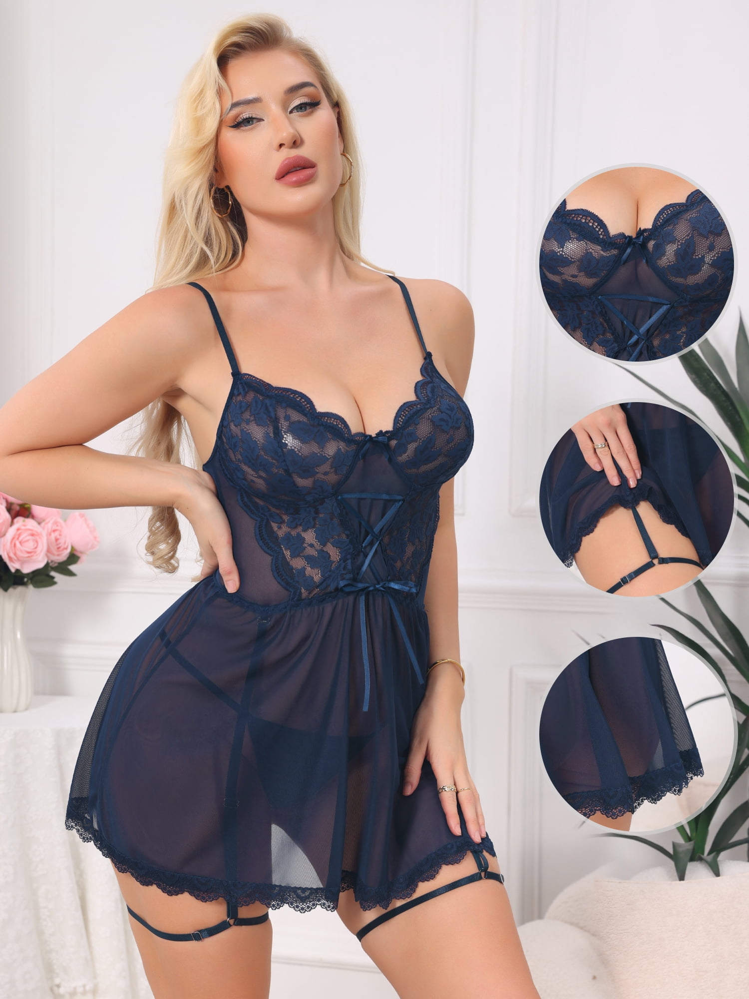 DARING DIVA Women's Lingerie Mesh See Through Chemise Nightgown with Garter Belt S Blue