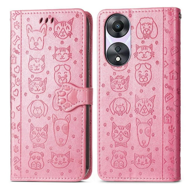 Funda Cartera FOXDOCK para OPPO A78 , Flip PU con Relieve de Gatos y Perros, Tarjetero y Soporte