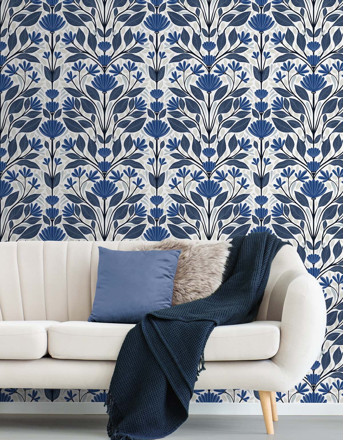 NextWall  Folk Floral Peel and Stick Wallpaper 20.5 in. W x 18 ft. L - Blue Sapphire & Pavestone