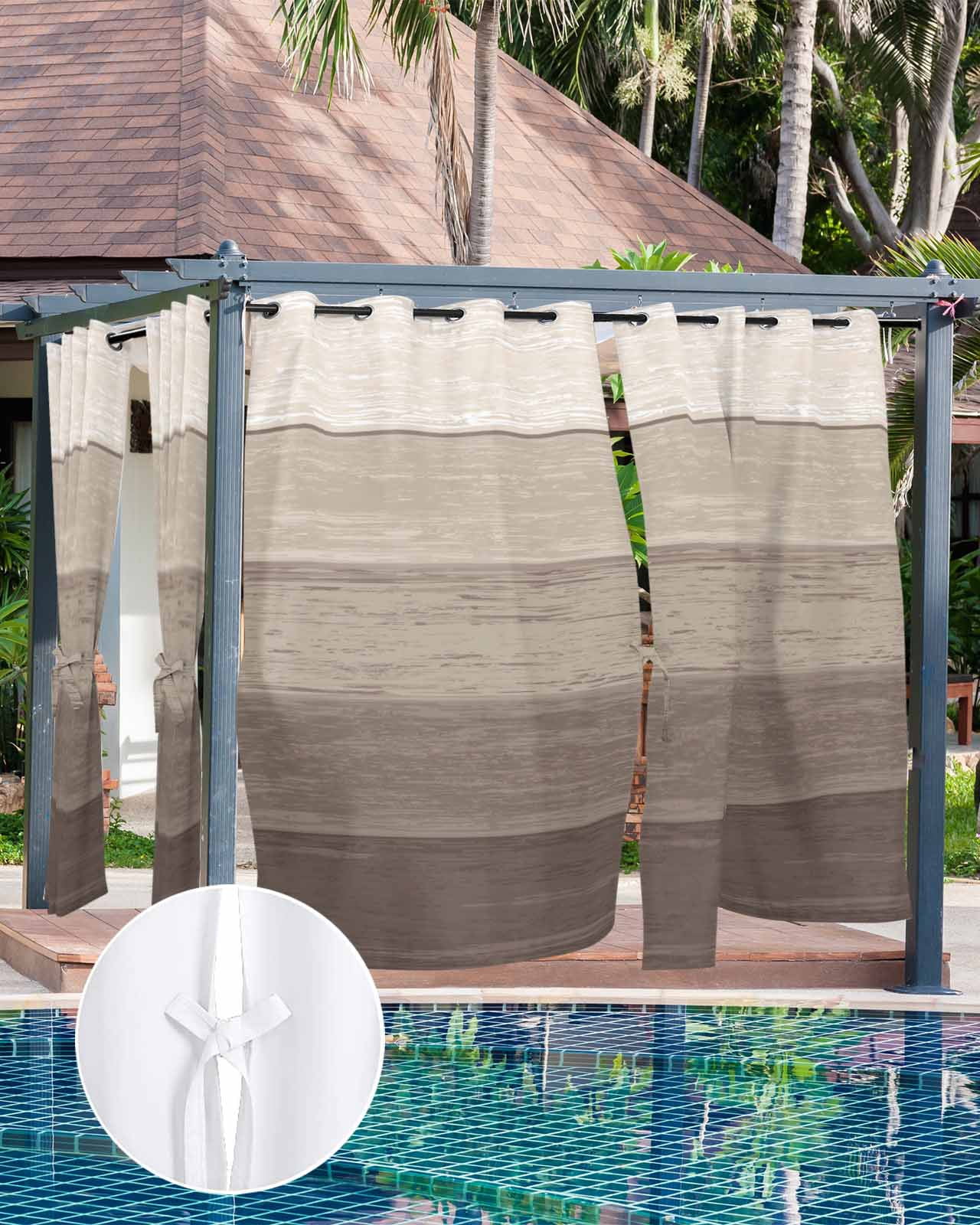 Outdoor Curtains for Patio Khaki Striped Gradient Rustic Wood Board Waterproof Privacy Outside Curtains with Tiebacks Grommet Top Pergola Curtains for Porch Cabana Gazebo 2 Panels, 54x95 inch