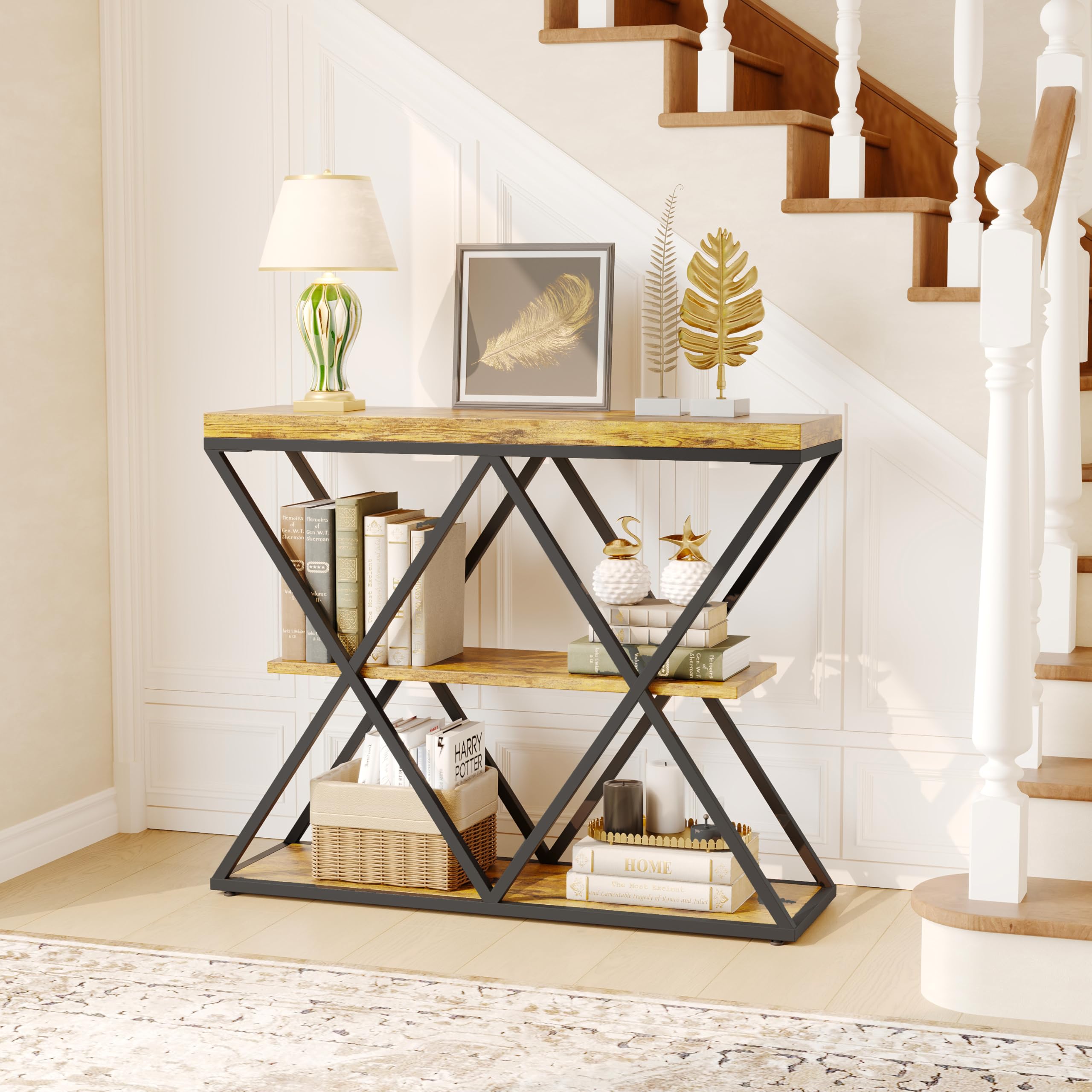 3-Tier Industrial Entryway Console Table - X-Shaped Metal Frame & Open Storage Shelves, Ideal Hallway Accent Table