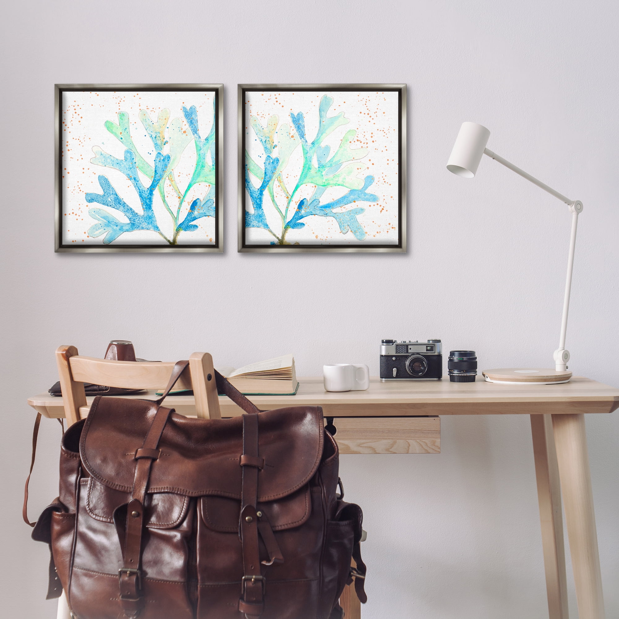 Stupell Industries Speckled Blue Green Coral Plants & Flowers Painting Gray Floater Framed Canvas Art Print Wall Art, 18 x 18, Set of 2