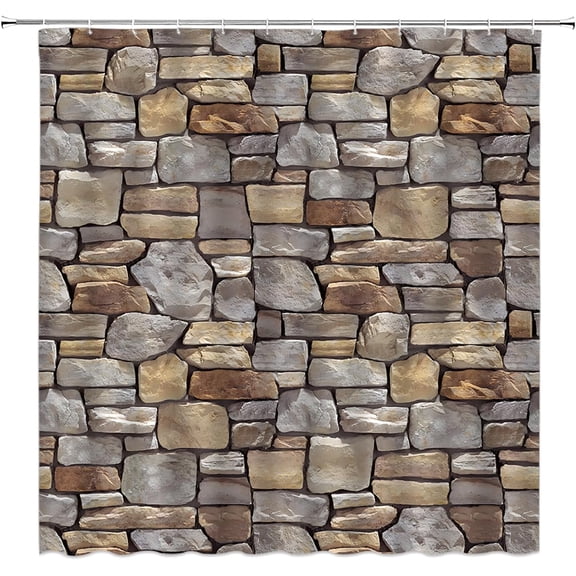 Brick Wall Shower Curtain Vintage Brown Gray Stone Rocks Rustic Country Retro Geometric Wall Square Shaped Bathroom Home Curtain with Hooks,70" Wx70 H