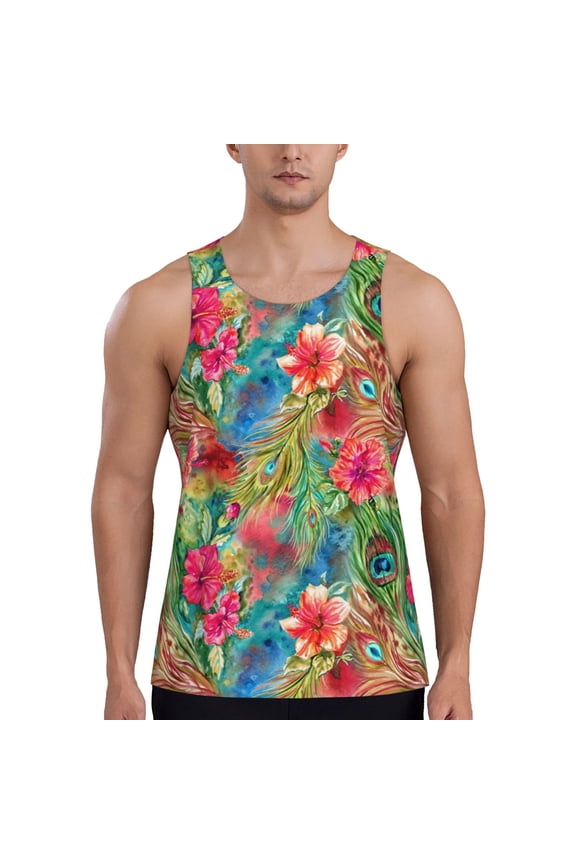 Peacock Feathers And Flowers Print Men's Quick Dry Fitness Vest, Round Neck Sleeveless Fitness Bodybuilding Top-4X-Large