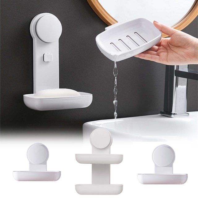 Jabonero de baño con ventosa de doble capa con sistema de drenaje - Montado en la pared sin instalación de taladro - Prevención de acumulación de agua - Fuerte capacidad de carga de 5 kg