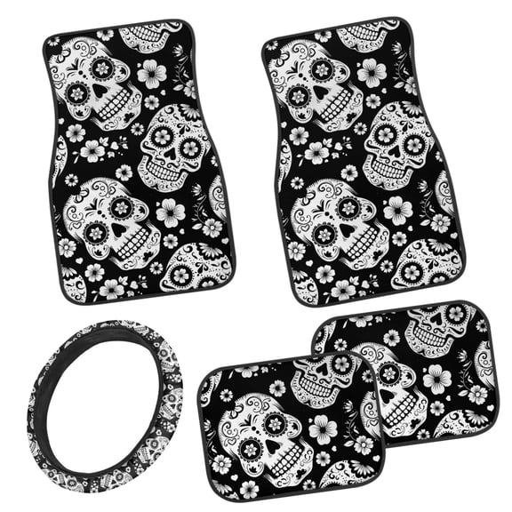 Pzuqiu Gothic Skull Car Floor Mats Steering Wheel Cover 5-Piece Easy to Install Driver Passenger and Rear Floor Mats with Anti-Slip Pad Dust Proof Car Interior Accessories for SUV,Van,Truck