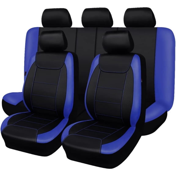 9-Piece Global PU Leather Car Seat Covers Full Set - Stitched Design - Durable & Easy Installation - Fits Sedan SUV Truck Motorhome - Individual Bag Packed - Color: Black with Blue