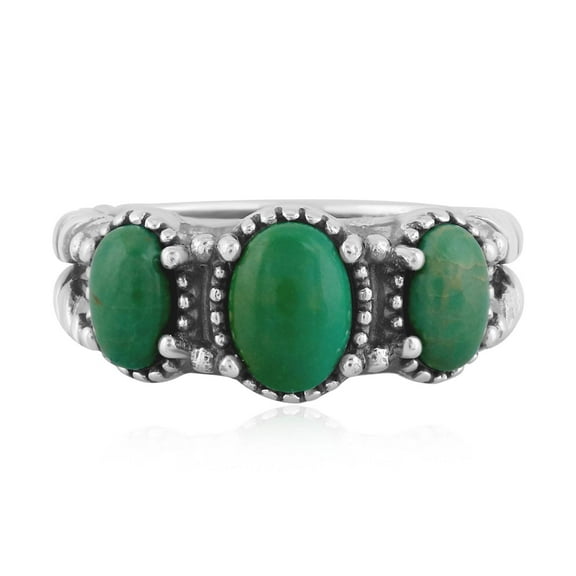 Sterling Silver Green Turquoise Gemstone 3-Stone Friendship Ring, Sizes 5 to 10