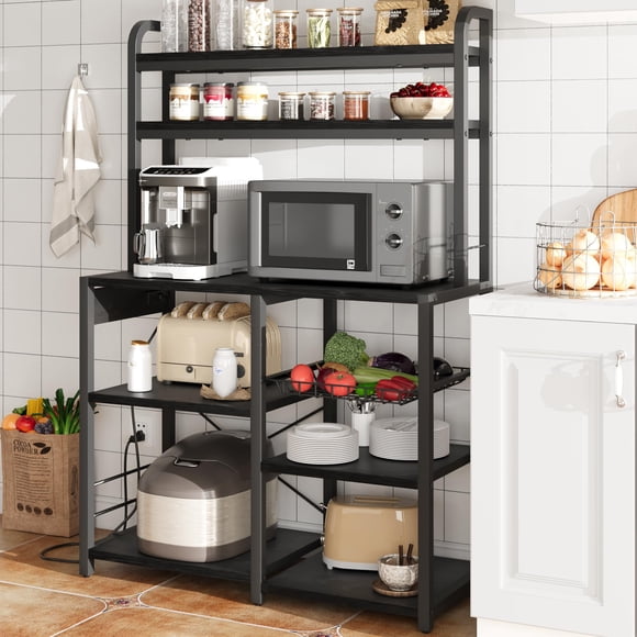 Bakers Rack with Power Outlet, Coffee Bar with Wire Drawer, Industrial Microwave Stand, Kitchen Buffet Table with Large Storage, 6-Tier Kitchen Storage Rack with Hutch, Rustic