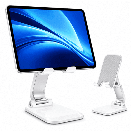 Tablet Stand for Desk, Adjustable Height and Angle Foldable Phone Holder for Phones, Tablets, White