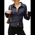 thumbnail image 2 of Camisas de Mujer con Botones, Larga A Rayas, Cuello, Blusas Informales de Trabajo, Conjuntos Modernos Azul Marino S, 2 of 8