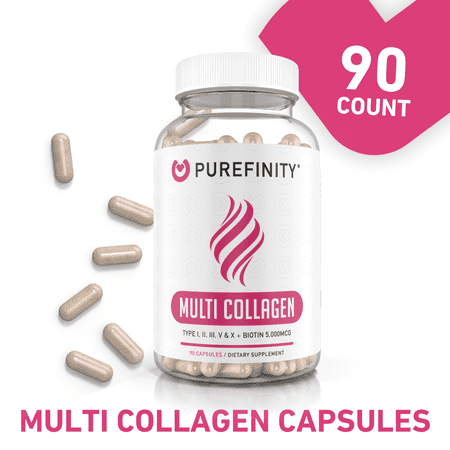 PUREFINITY Collagen Peptides Capsules - Types I, II, III, V & X with Biotin & Hyaluronic Acid, Supports Healthy Hair, Skin, Bones & Nails, 90 Count