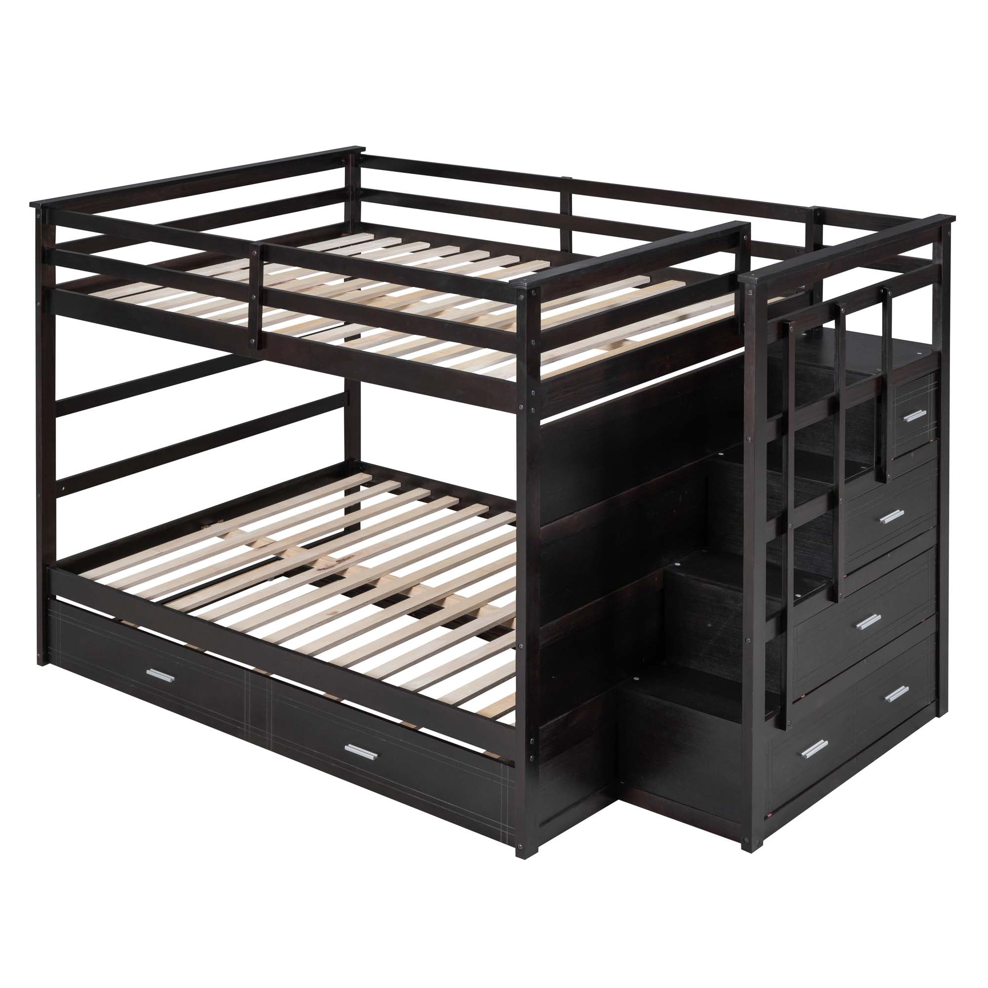 Aukfa Full over Full Bunk Bed with Trundle and Staircase, Wood Bunk Bed with 4 Storage Drawers for Kids, Teens - Espresso
