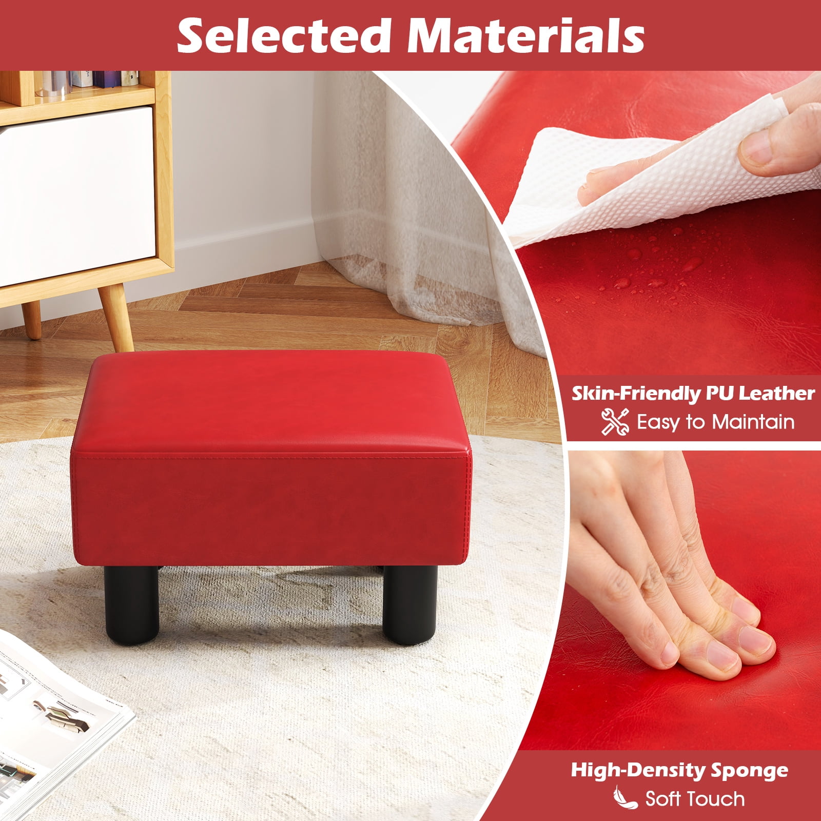 Giantex Foot Stool Ottoman, PU Leather Footrest, Padded Rectangle Footstool, Small Sofa Step Stool, Red