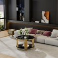 thumbnail image 2 of Circular Metal Drum Base Coffee Table having Black Mirror Top & Lower Shelf, 2 of 26
