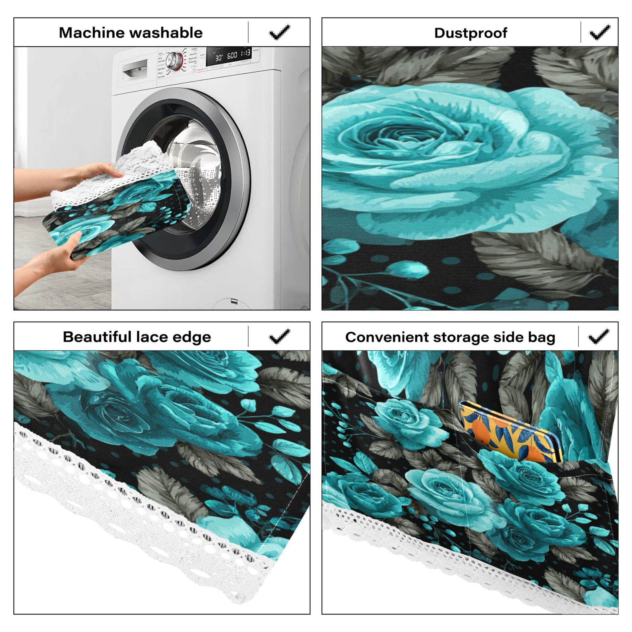 Wobogo Vintage Teal Rose Washing Machine Cover Dustproof Washer Dryer Cover Waterproof Laundry Room Decorative Protector