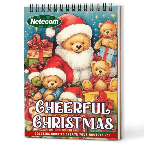 Netecom Cheerful Christmas Coloring Book Spiral Bound For Adults, A5 Wooden Cover, 30 Joyful Coloring Pages of Festive Holiday Scenes for Stress Relief and Relaxation