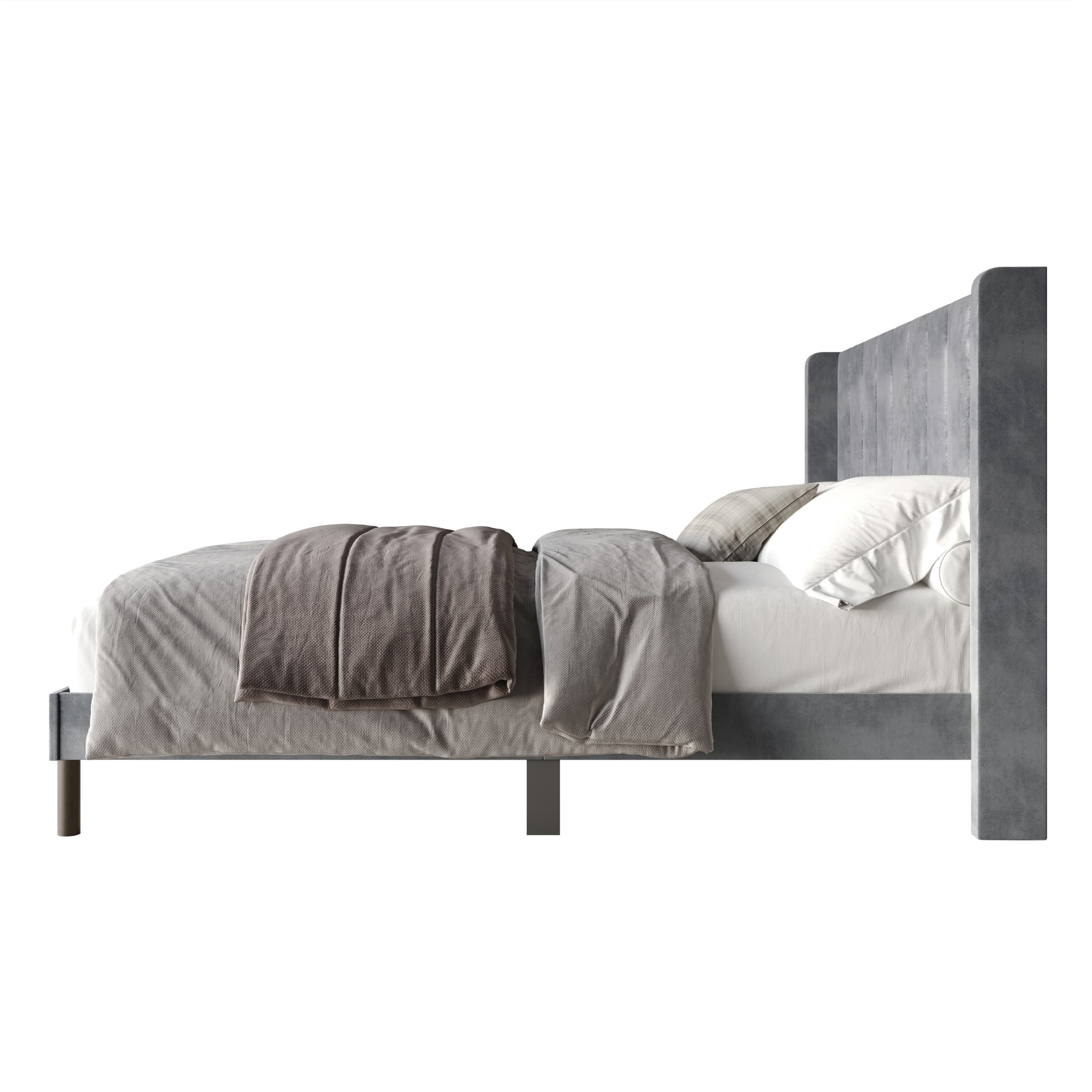 Home Design Herrin King Tufted Luxurious Velvet Upholstered Wingback Panel Bed Frame with Vertical Channel Tufting & Wingback Design, Silver Gray, Easy Assembly