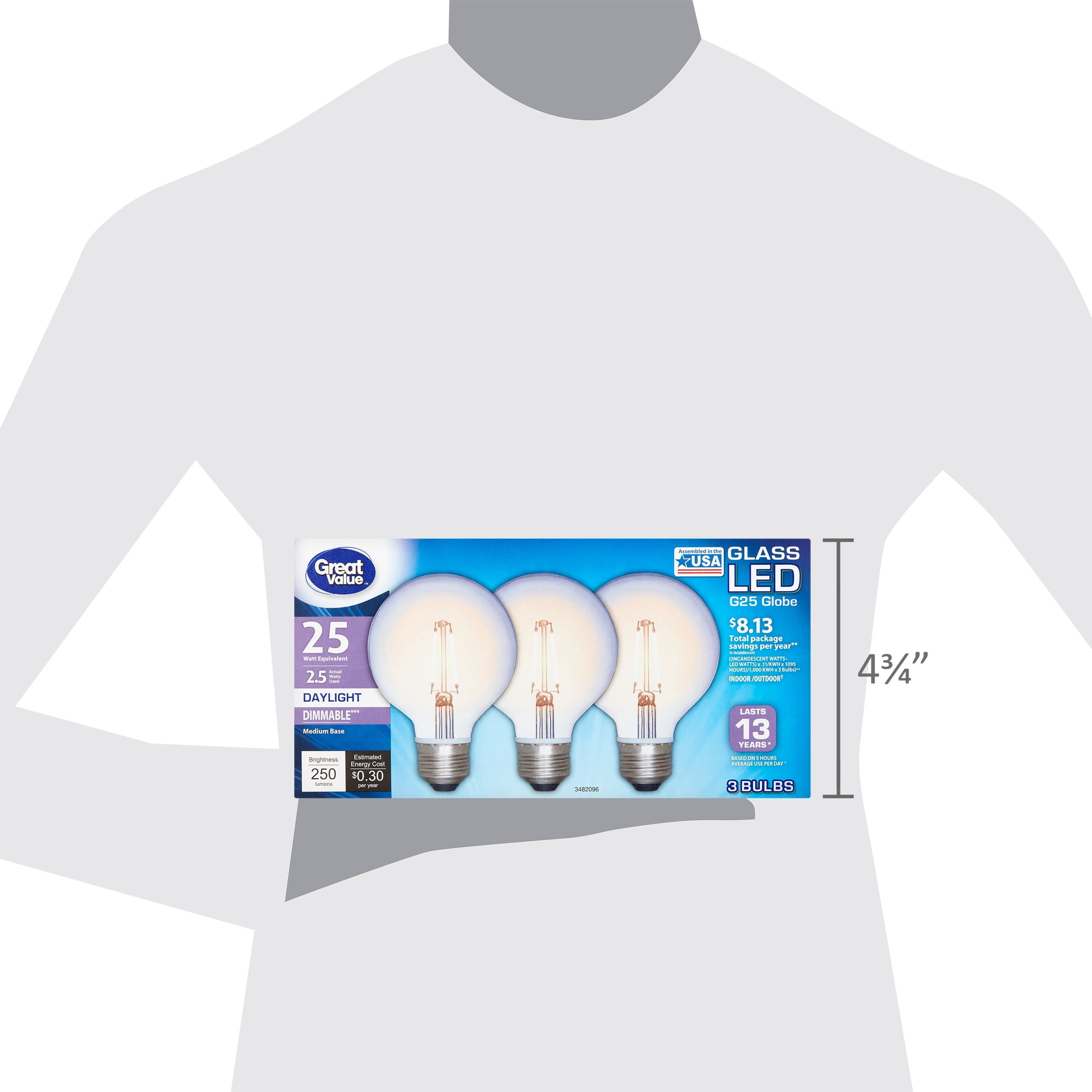 Great Value Glass LED G25 Globe 2.5 Watts Daylight Medium Base Bulbs, 3 count