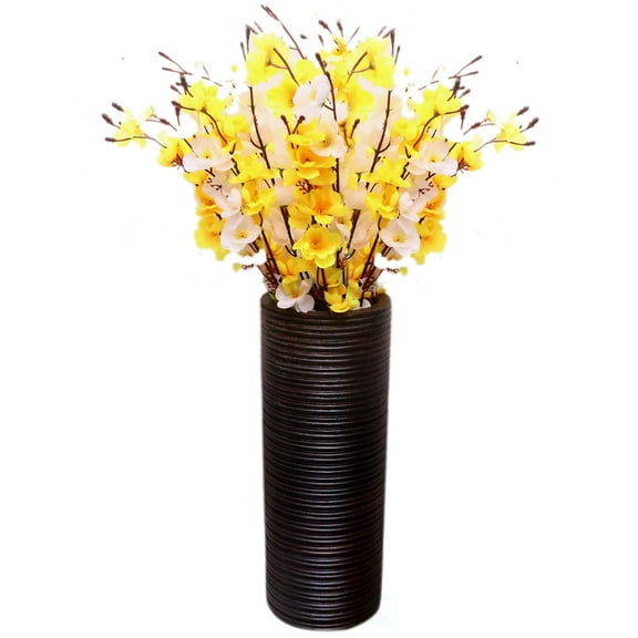 Brown Decorative Contemporary Mango Wood Ribbed Design Cylinder Shaped Table Vase, 16 Inch