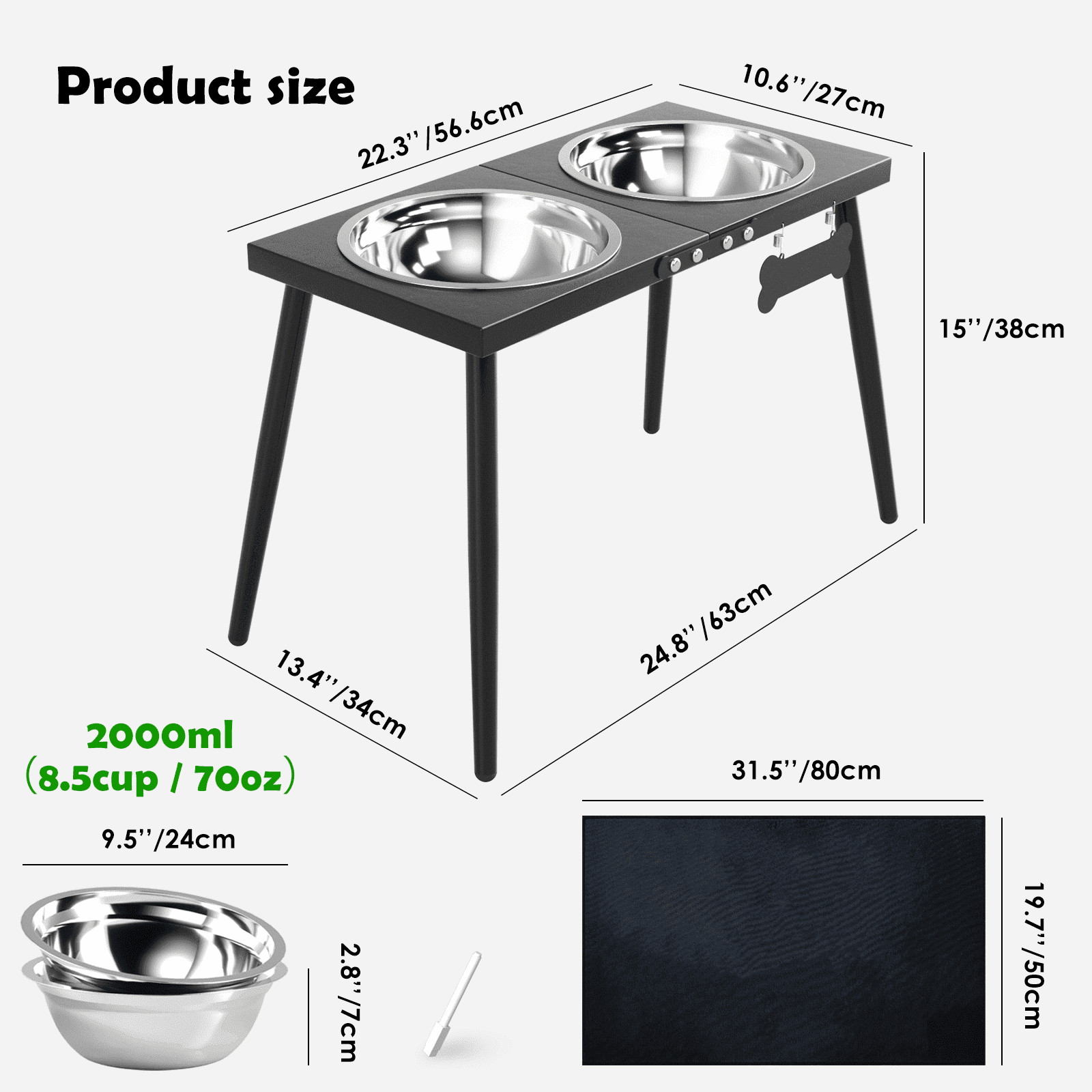 Metal Elevated Dog Bowls for Extra Large & Large Dogs,15'' Tall Dog Feeder with Bowls and Sprill Proof Mat