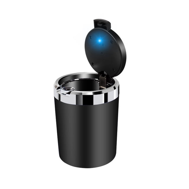 Car Ashtray with LED Light, ABS + Stainless Steel, Flip-Top, Removable Liner, Flame-Retardant, Also for Small Trash Storage
