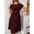 thumbnail image 5 of Burgundy Pleated A-Line Self-Belted Short Sleeve Dress With Boat Neck, 5 of 5