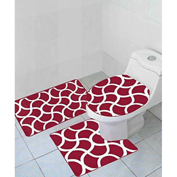 Empire Home Thick 3 Piece Geometric Wave High Pile Bathroom Set Bath Mat Countour Rug/Toilet Seat Cover - Burgundy