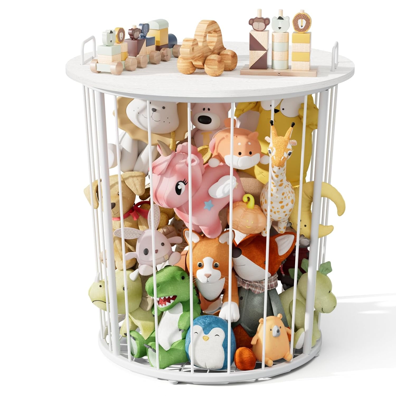 Large Stuffed Animal Storage End Table - Sturdy Metal Kids Toy Storage Bin, Stuffed Zoo Animal Holder for Bedroom, Living Room, Nursery, Perfect for Plush Toy Organizer, White