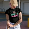 thumbnail image 2 of Keep on Smiling Quote, Retro Groovy Wavy Text & Rainbow Art Merch Gift, Military Green T-Shirt, 2XL, 2 of 5