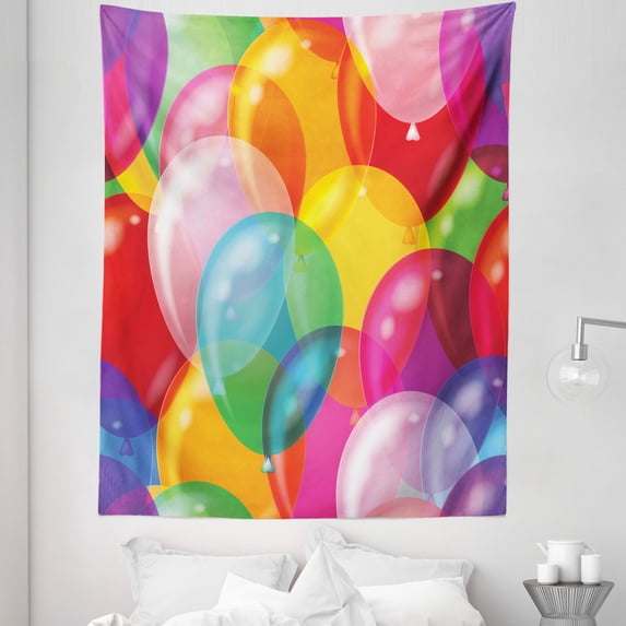 Cartoon Tapestry, Balloons Pattern Colorful Illustration Birthday Celebrating Theme Fun, Fabric Wall Hanging Decor for Bedroom Living Room Dorm, 5 Sizes, Multicolor, by Ambesonne