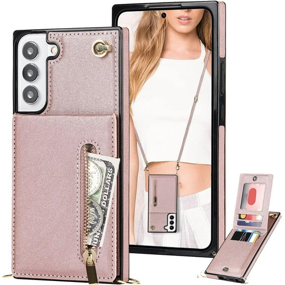 Crossbody Women Wallet Case for Samsung Galaxy S21 Plus (Not S21) with Card Holder, Removable Lanyard Strap Purse Cover for Samsung Galaxy S21 Plus Zipper Phone Case Rose Gold