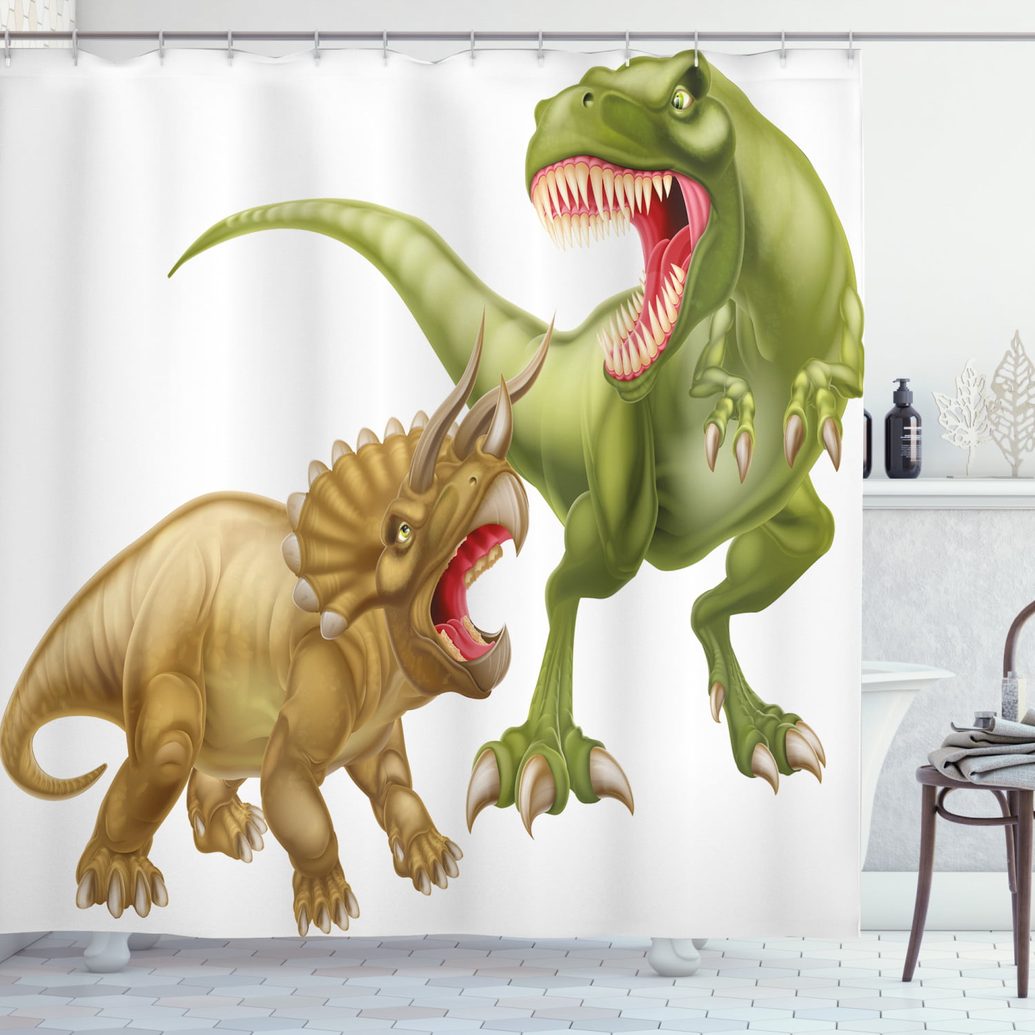 Dinosaur Shower Curtain, T Rex Versus Triceratops Scaring Each Other Wild  Reptiles Dinosaur, Fabric Bathroom Set with Hooks, 69W X 70L Inches, Green  Pink Pale Brown, by Ambesonne 