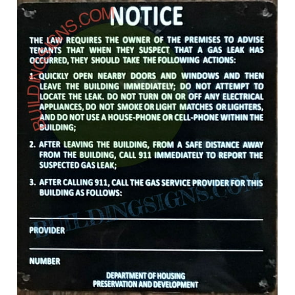 GAS LEAK ENGLISH ONLY SIGN (8.5X9.5,BRUSH SILVER BLACK,ALUMINUM) -ref16822