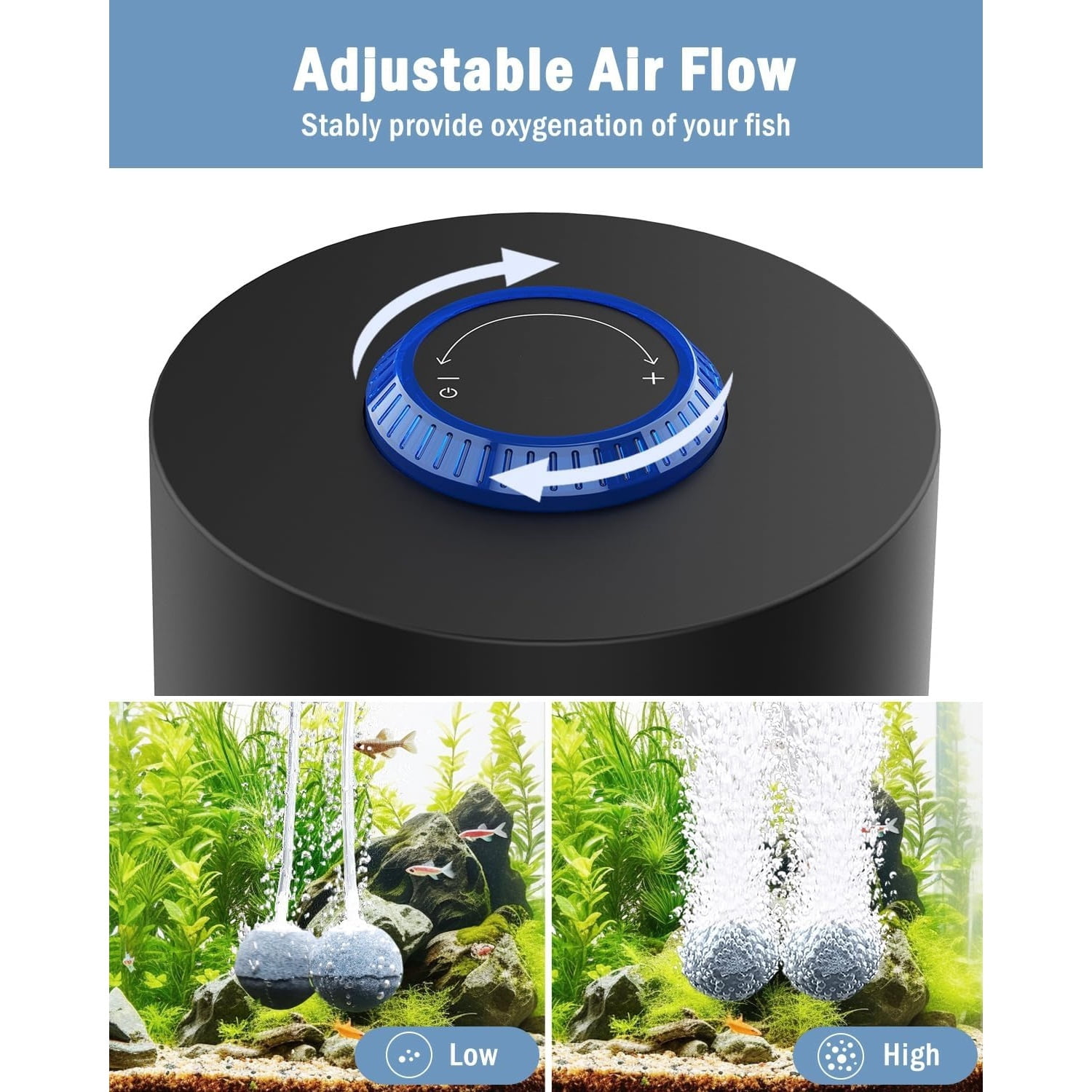 Aquarium Air Pump, Quiet Powerful Fish Tank Air Pump 3W/6W/10W with Stainless Steel Dual Outlet, Adjustable Oxygen Aerator Pump with Air Stone Bubbler for Fish Tank Up to 200 Gallon 10W