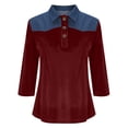 thumbnail image 3 of Htigea Collared Tops for Women Denim Velvet Patchwork 3/4 Sleeve T-Shirt Casual Trendy Button Down Pullover Tunic Blouses Wine S, 3 of 7