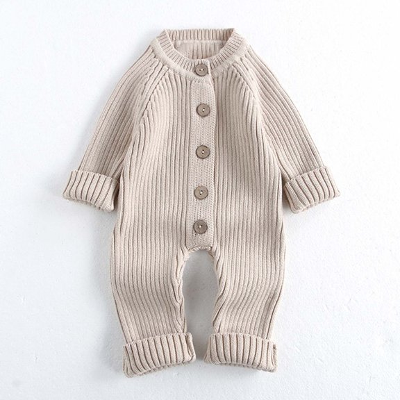 CUZIBR Baby Onesies Girl Boy Long Sleeve Romper Knitted Crew Neck Jumpsuit Cozy Homewear,Khaki,12-18 Months