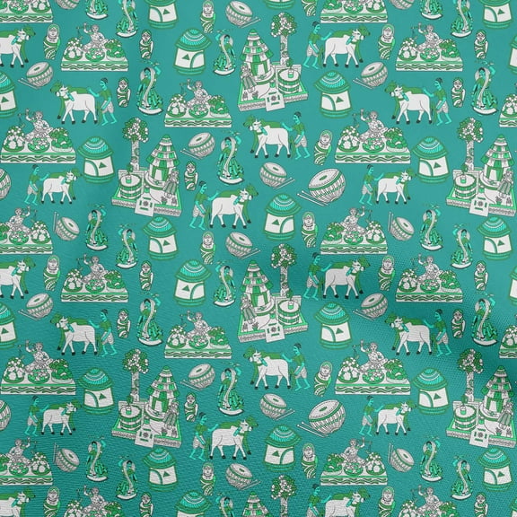 oneOone Polyester Spandex Teal Green Fabric Kalamkari Traditional Diy Clothing Quilting Fabric Print Fabric By Yard 56 Inch Wide