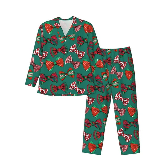 Fotbe red and green bow tie Pijama de Hombre con Estampado de Manga Larga, Conjunto de 2 Piezas, Ropa de Dormir Suave y Cómoda con Bolsillos-Medium