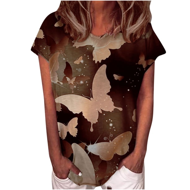 Tops con estampado de mariposas de manga corta con cuello en V para mujer Fridja bn4169
