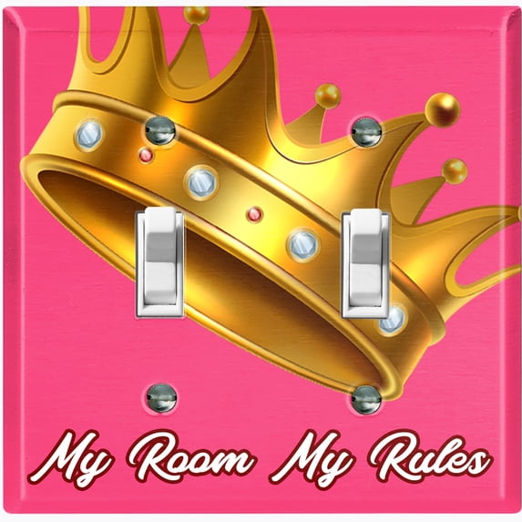 Metal Light Switch Plate Outlet Cover (My Room My Rules Crown Pink Tilted - Double Toggle)
