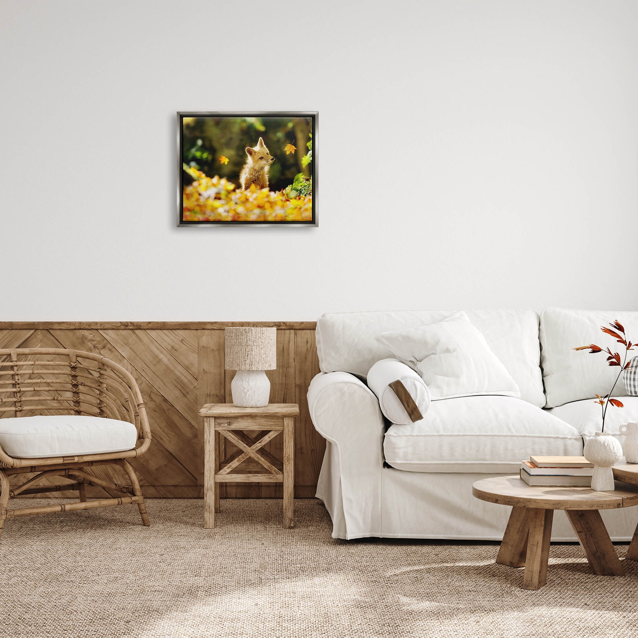 Stupell Industries Fox Watching Autumn Leaves Photograph Luster Gray Floating Framed Canvas Print Wall Art, Design by Carrie Ann Grippo-Pike