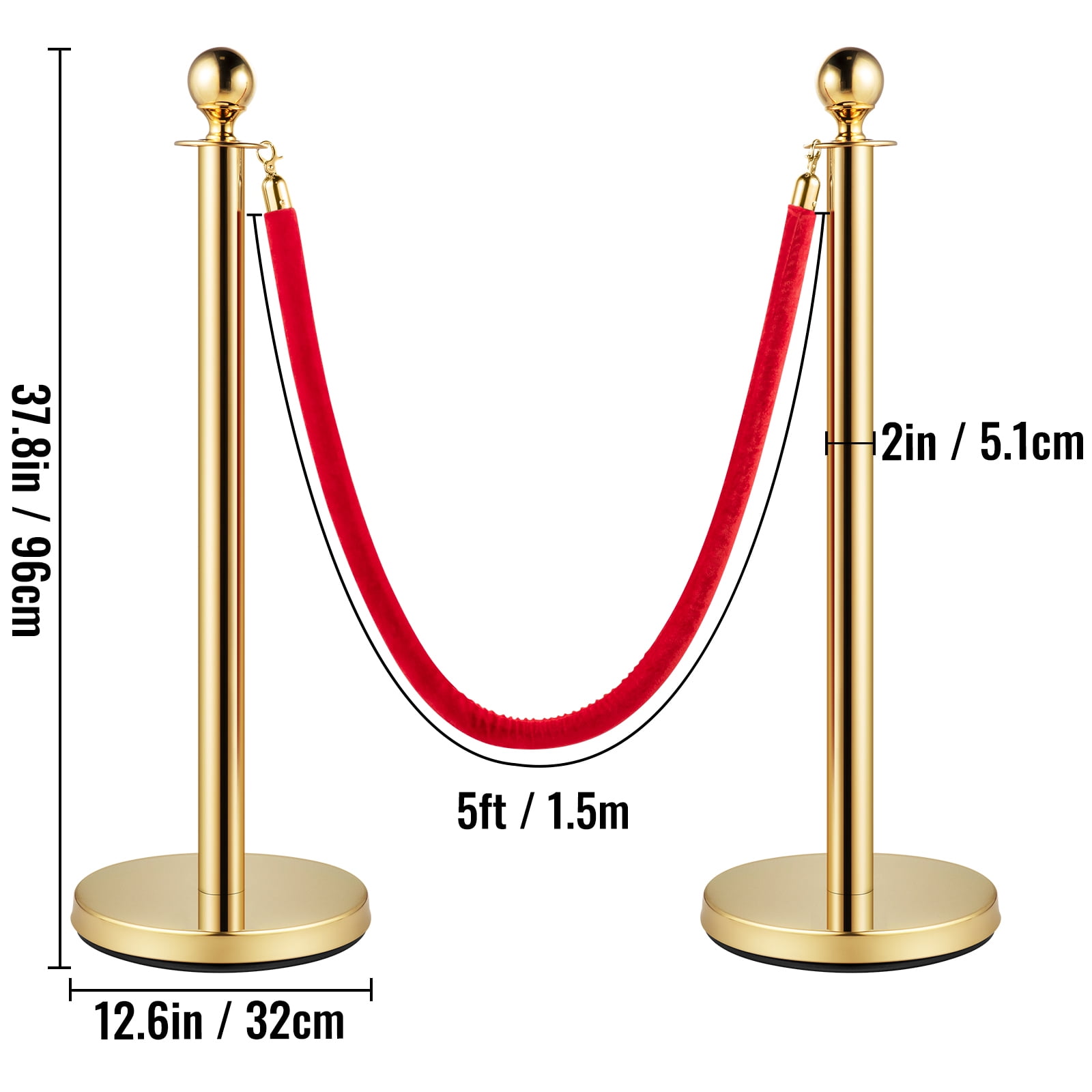 SKYSHALO 4Pcs Stainless Steel Stanchion Posts 2 Red Velvet Ropes Gold 38In Crowd Control Barrier with 5FT Rope for Theaters, Party, Wedding, Exhibition, Ticket Offices, Crowd Control