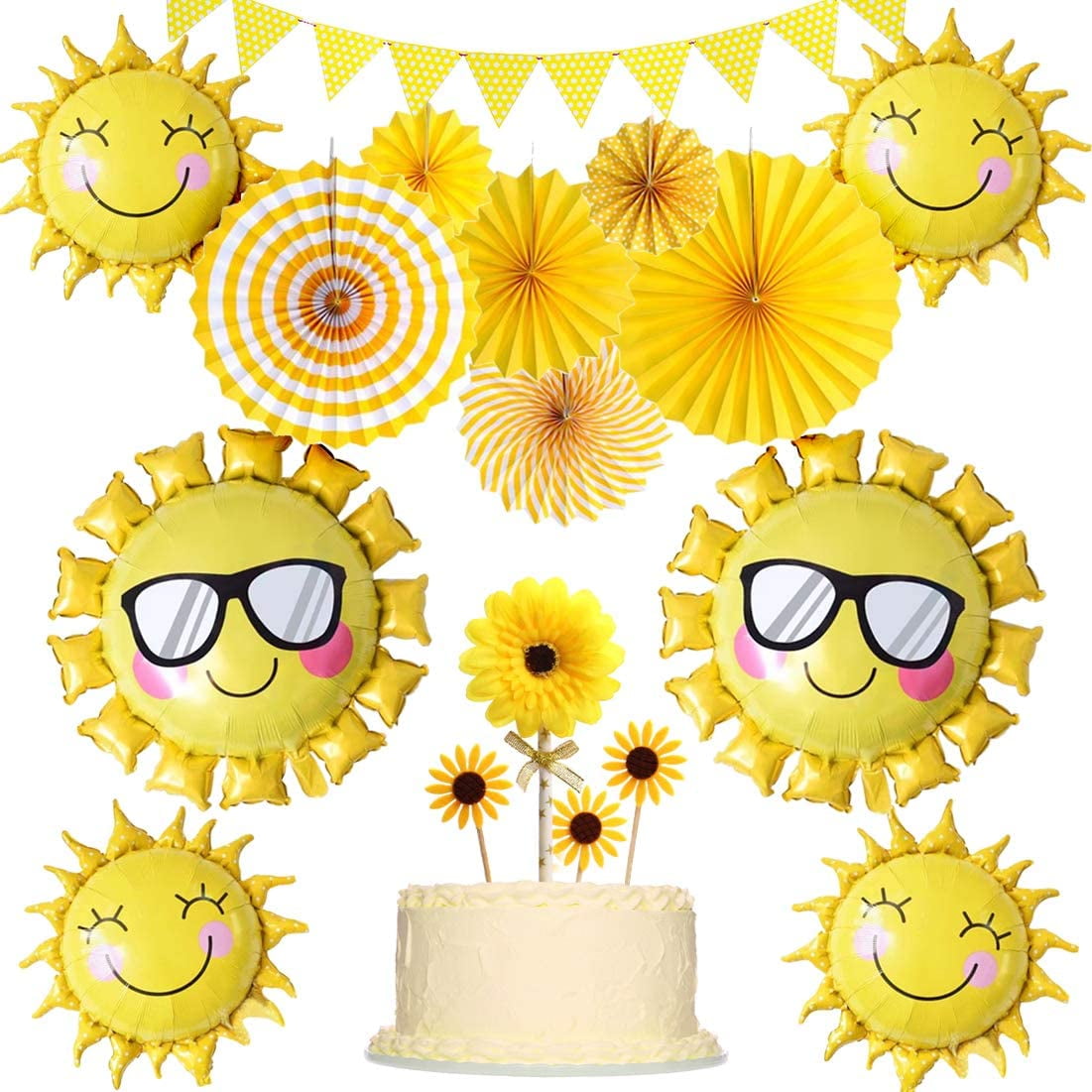 Sunshine Party Decorations Yellow Hanging Paper Fans Sunflower Cake Toppers and Balloons for Sunny Summer Theme Party Birthday Baby Shower Supplies