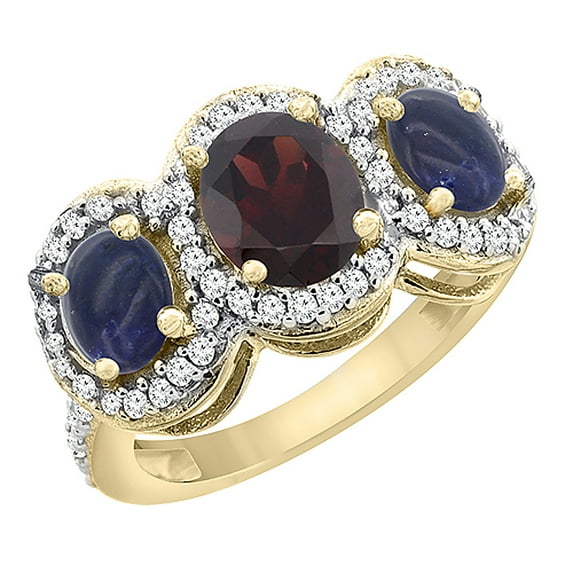 10K Yellow Gold Natural Garnet & Lapis 3-Stone Ring Oval Diamond Accent, size 6.5