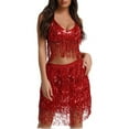 thumbnail image 2 of Two Piece Skirt Set for Women Belly Dance Performance Jazz Sleeveless Solid Tassel Top Skirt Suit Womens Summer Outfits Red XL, 2 of 4